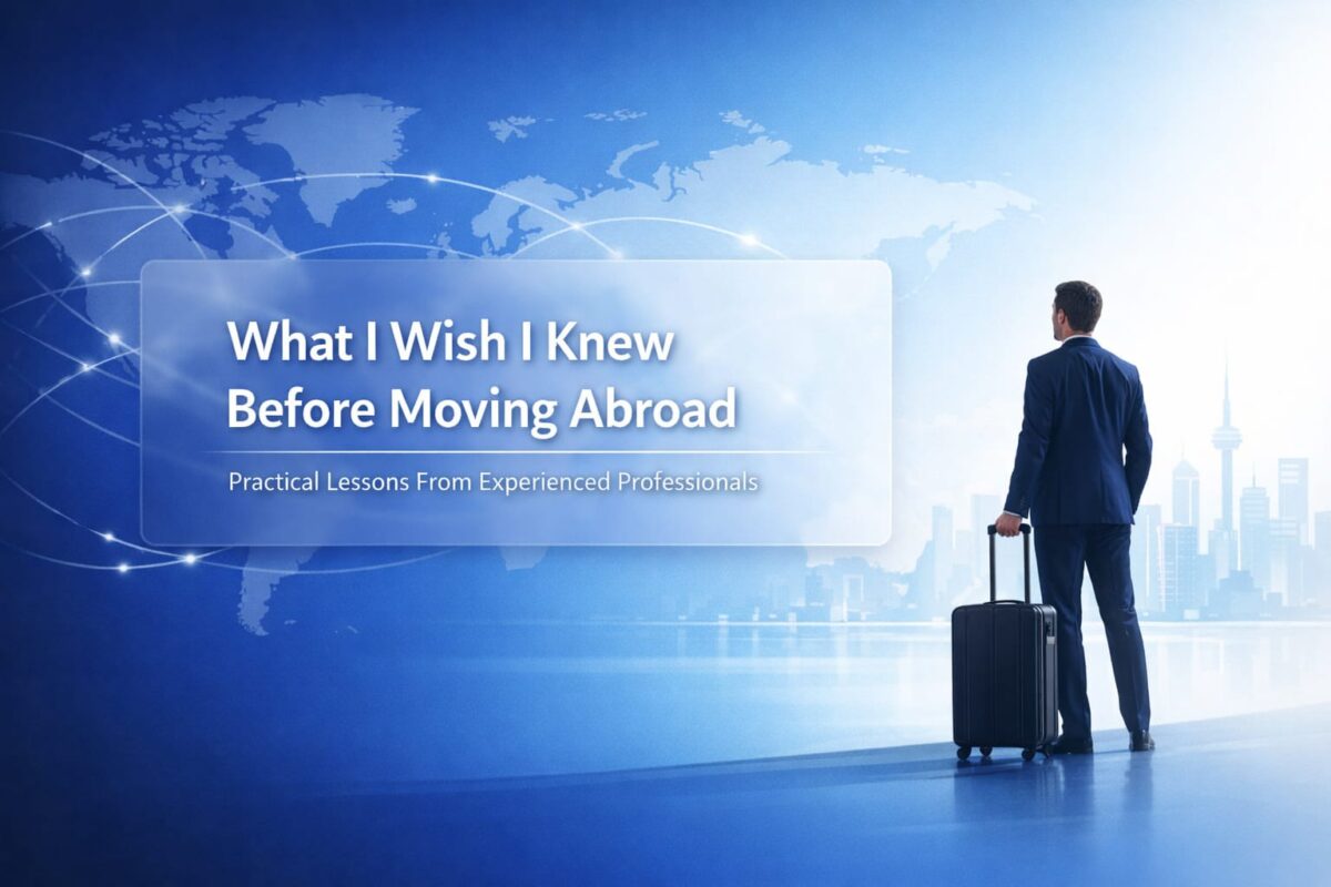 Professional businessman with suitcase looking at a global map, representing moving abroad and international relocation experience.