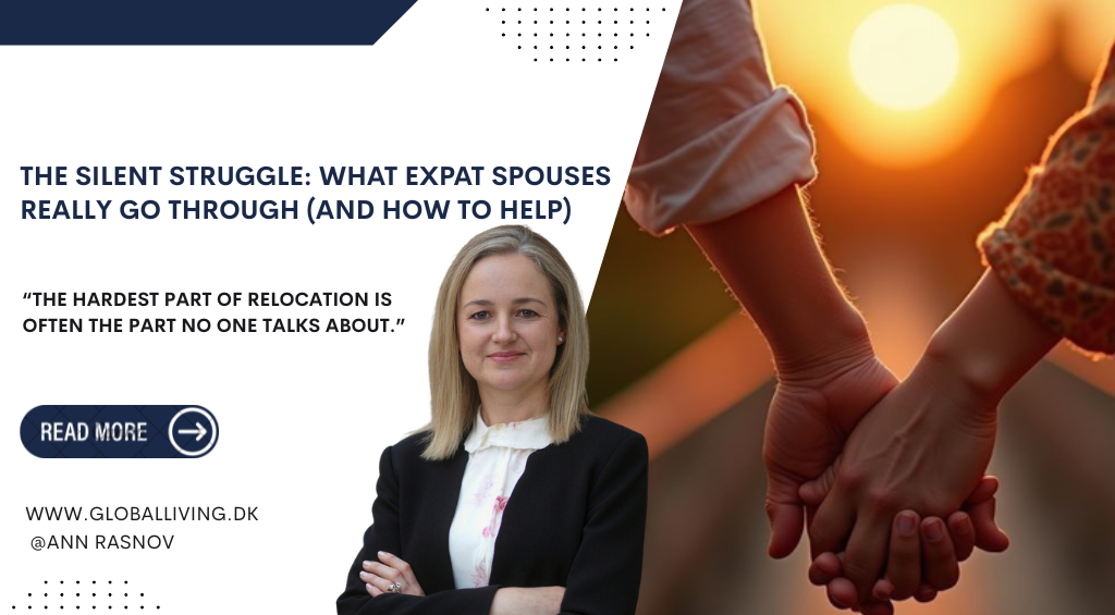 Expat couple holding hands at sunset with coach Ann Rasnov discussing challenges faced by expat spouses during relocation